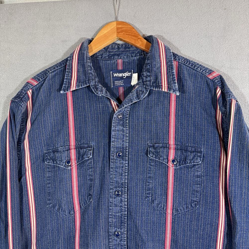 Vtg Wrangler Brushpopper Shirt Size XL Blue Red Stripes Western MADE IN USA - Picture 2 of 8